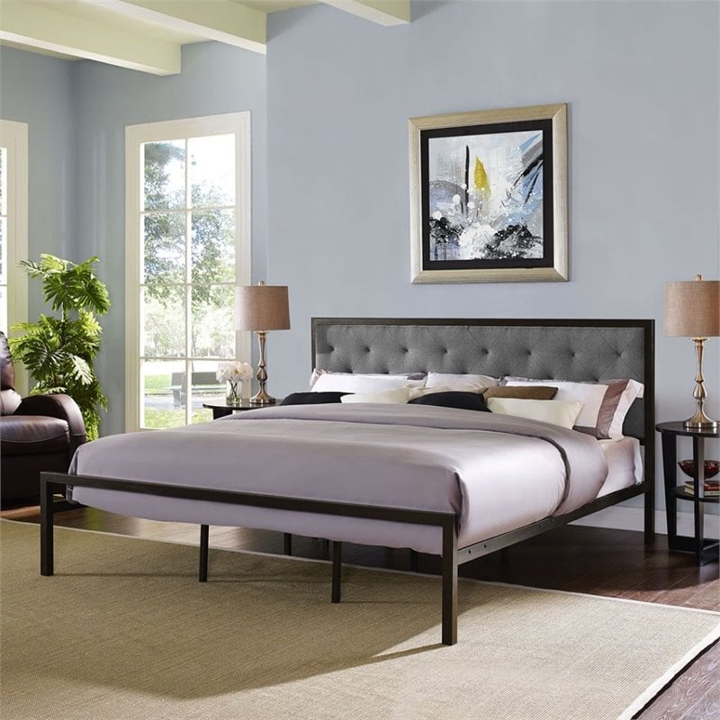 Modway Mia King Powder-coated Steel and Fabric Bed in Brown/Gray