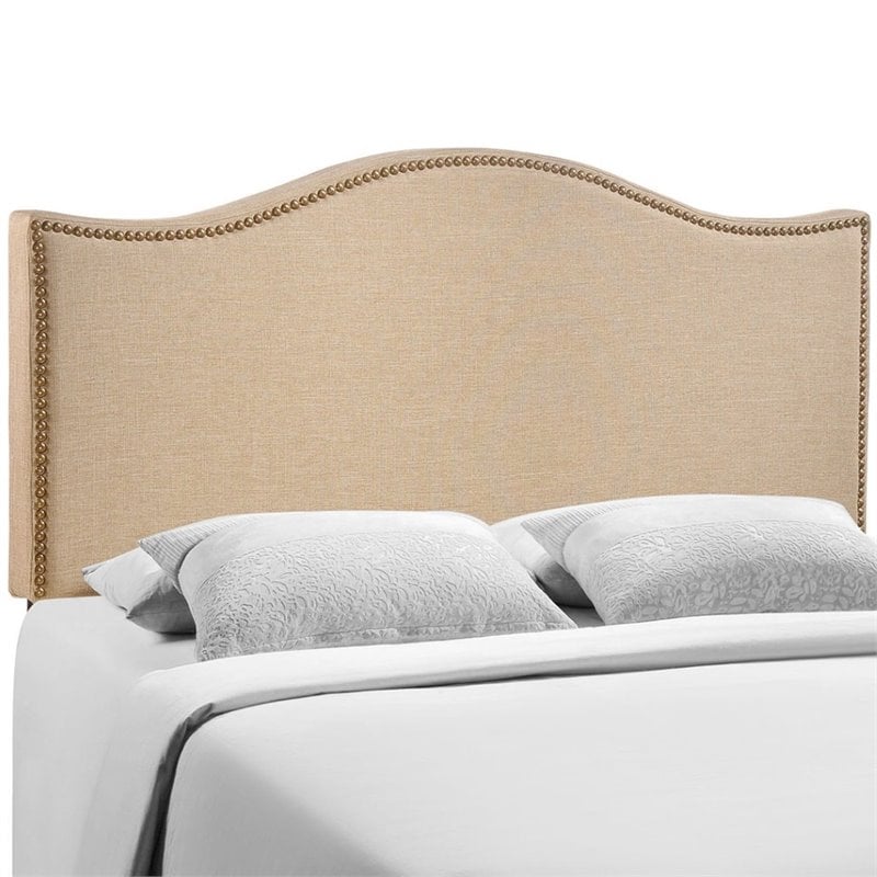 Modway Curl Queen Nailhead Upholstered Linen Fabric Headboard in Cafe Brown