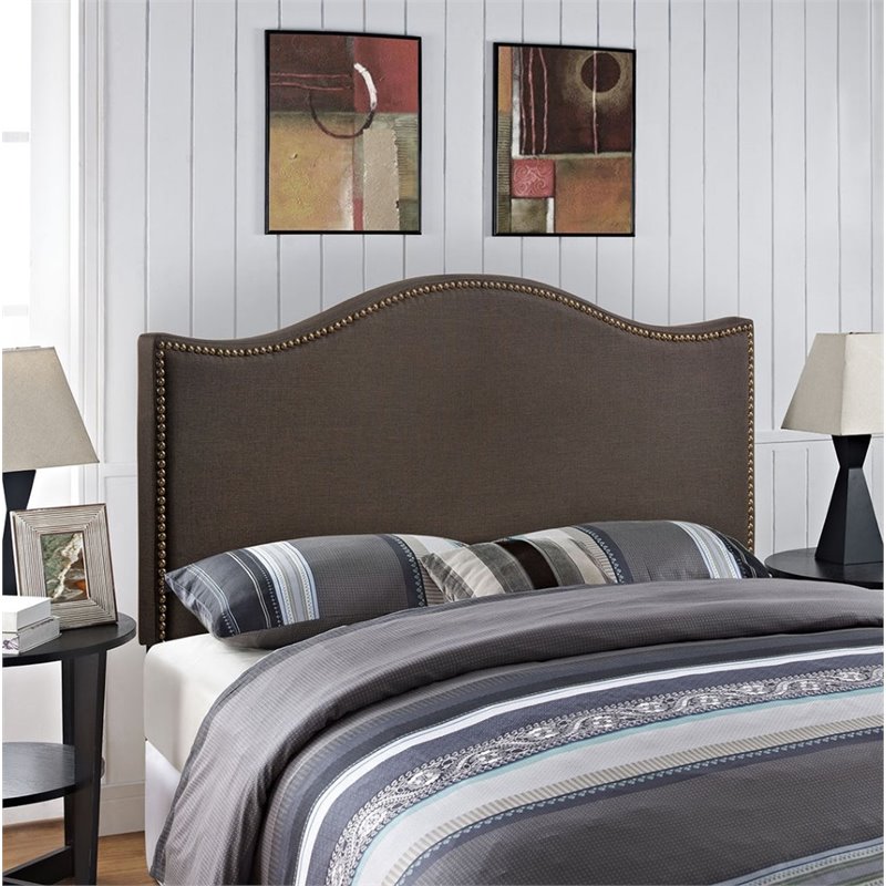 Curl Nailhead Upholstered Queen Headboard in Dark Brown