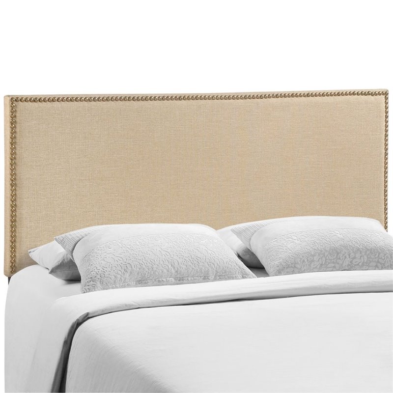 Modway Region Nailhead Queen Upholstered Linen Fabric Headboard in Cafe Brown