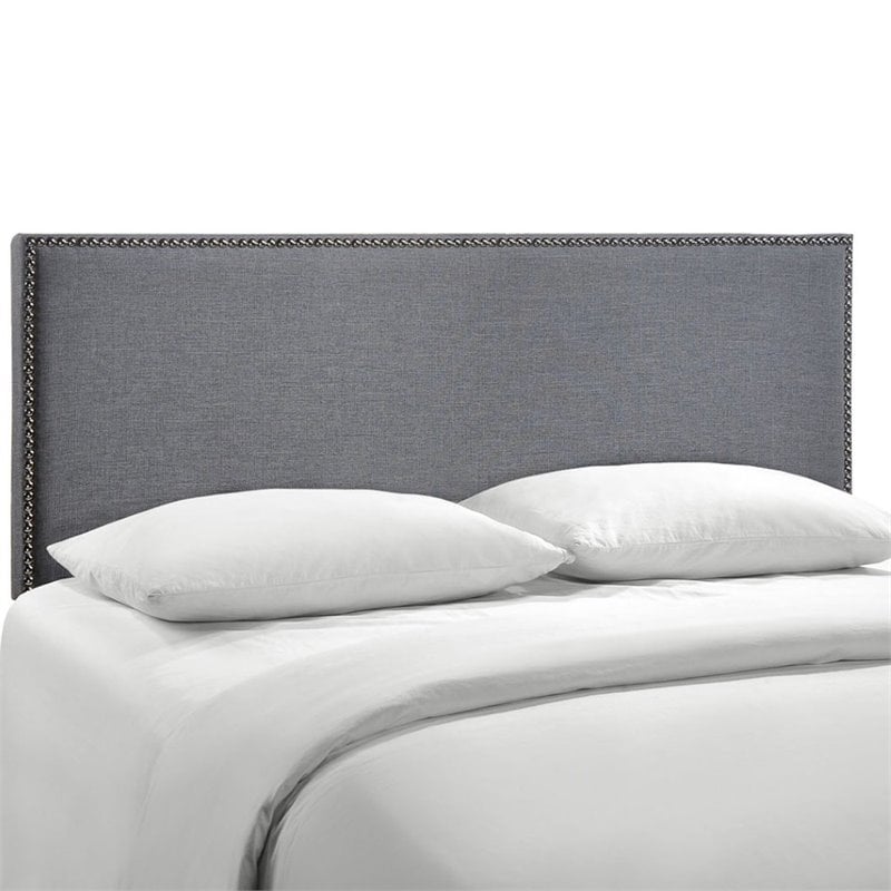 Modway Region Nailhead Queen Upholstered Linen Fabric Headboard in Smoke Gray