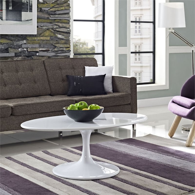 Modway Lippa Modern Oval-Shaped Wood & Metal Coffee Table in White