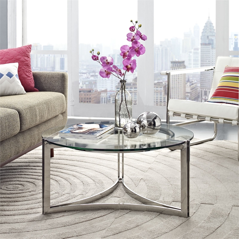 Modway Signet Modern Glass and Steel Coffee Table in Silver Finish