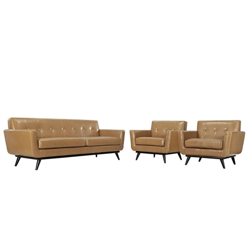 Modway Engage 3 Piece Leather Sofa Set in Tan