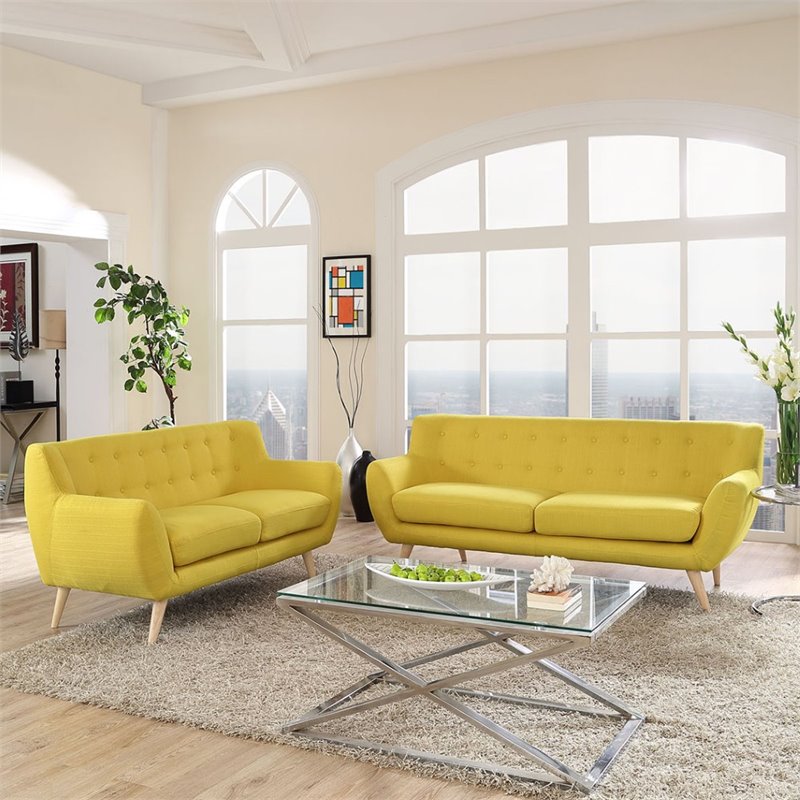 Modway Remark 2-Piece Fabric and Rubberwood Living Room Set in Sunny Yellow