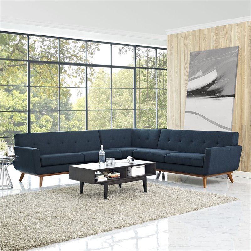 Modway Engage L-Shaped Upholstered Fabric Sectional Sofa in Azure Blue