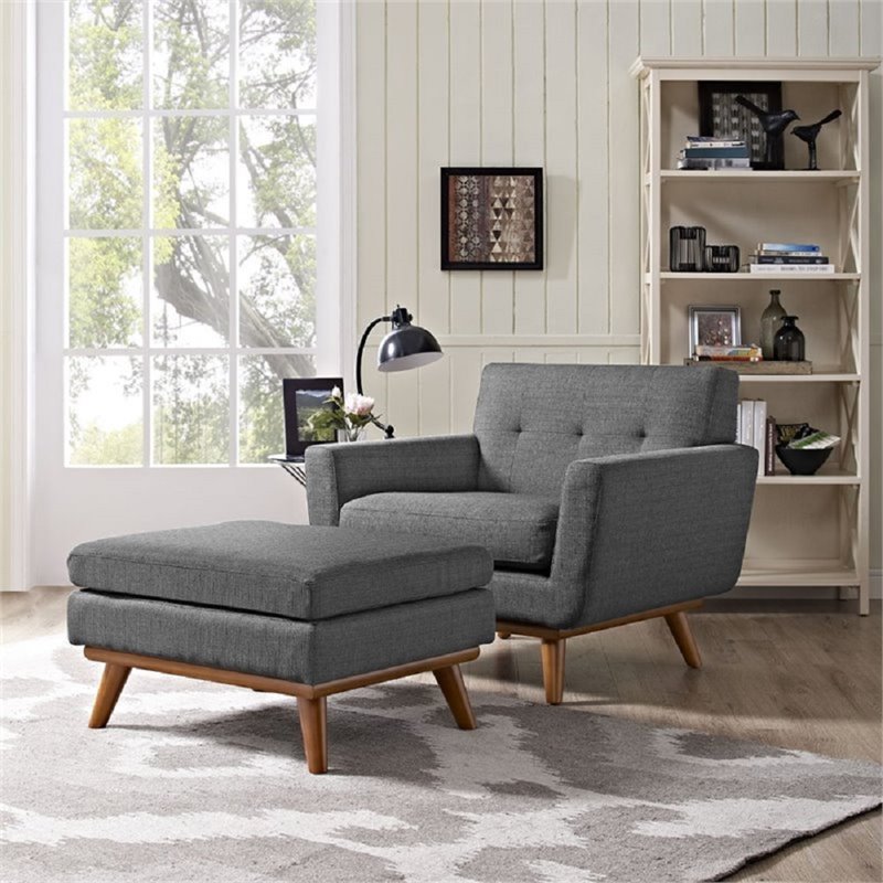 Modway Engage 2-Piece Fabric and Rubberwood Armchair and Ottoman in Gray