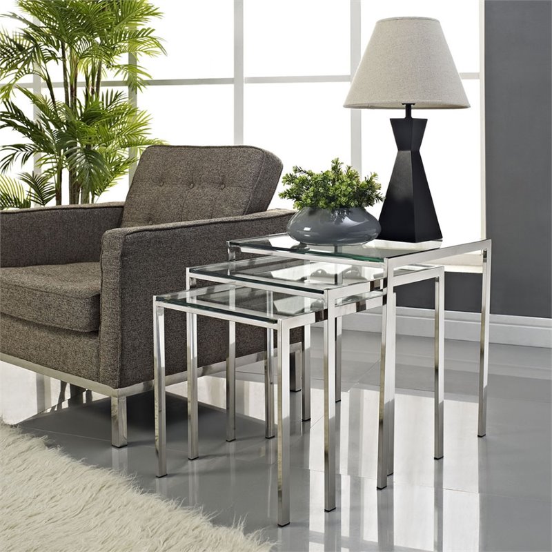 Modway Nimble Modern Style Glass and Stainless Steel Nesting Tables in Silver