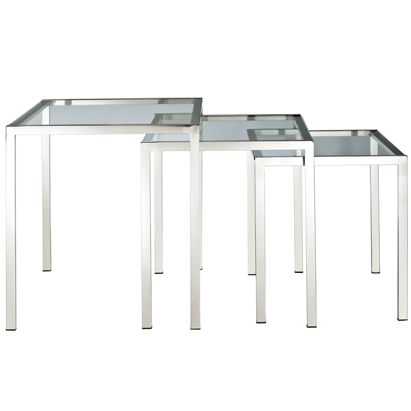 Modway Nimble Modern Style Glass and Stainless Steel Nesting Tables in Silver