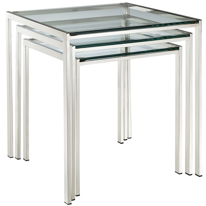 Modway Nimble Modern Style Glass and Stainless Steel Nesting Tables in Silver