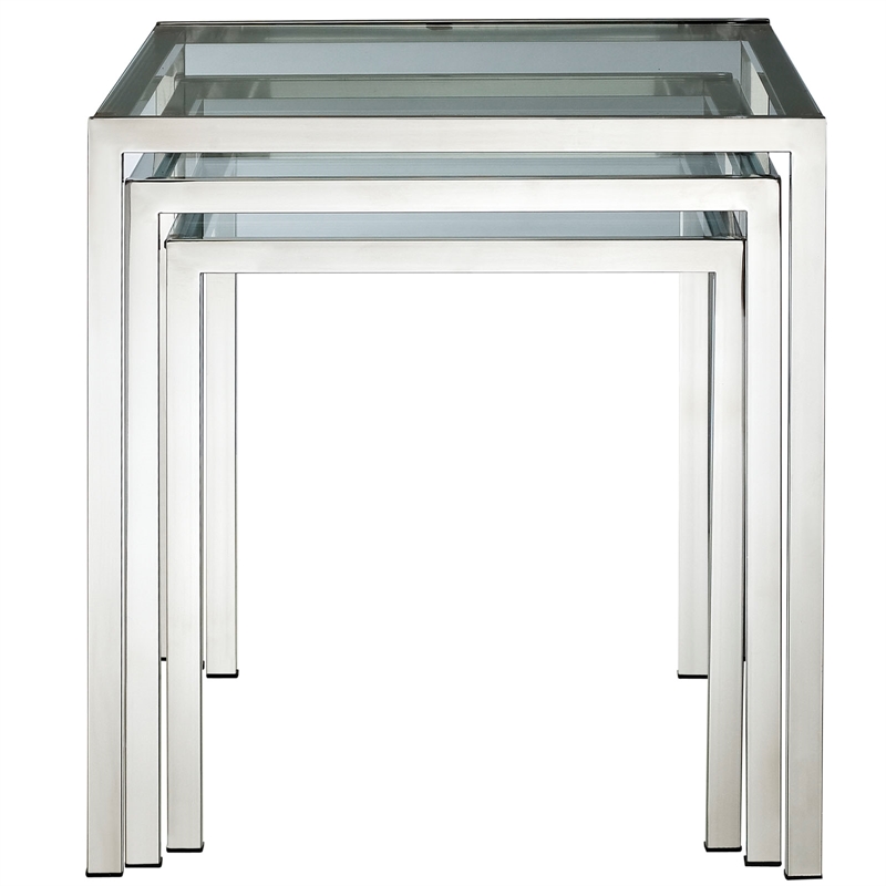 Modway Nimble Modern Style Glass and Stainless Steel Nesting Tables in Silver