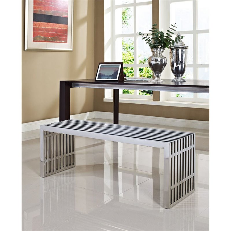 Modway Gridiron Medium Modern Style Stainless Steel Bench in Silver