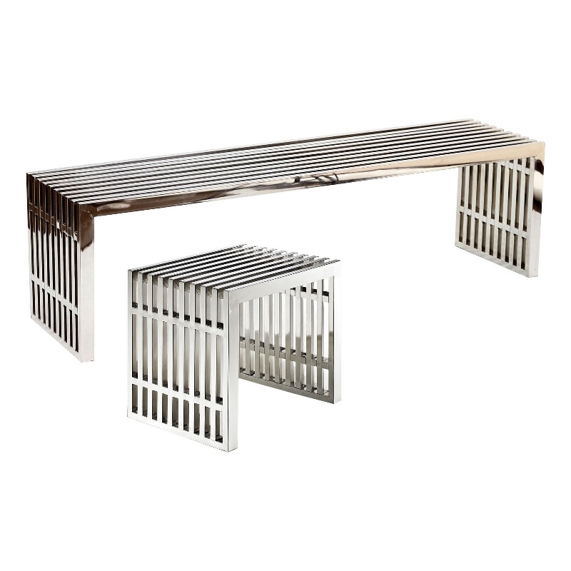 Modway Gridiron Modern Style Stainless Steel Benches in Silver (Set of 2)