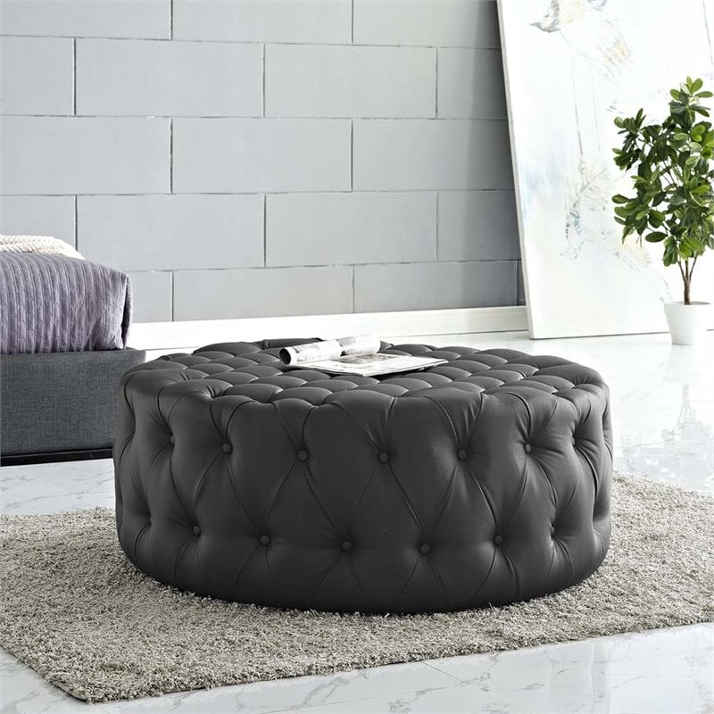Modway Amour Modern Upholstered Vinyl and Solid Wood Ottoman in Black
