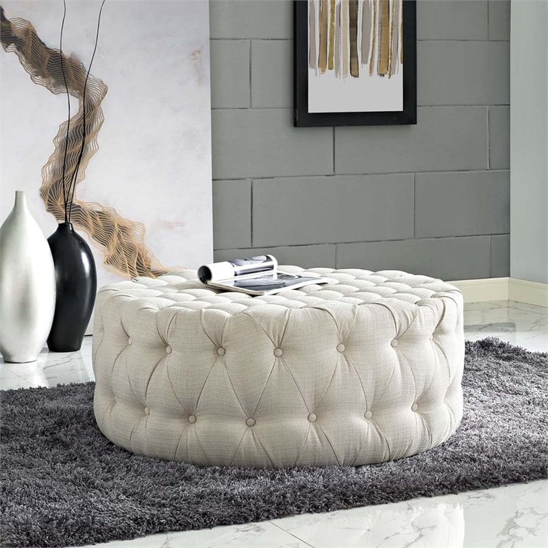 Modway Amour Modern Upholstered Fabric and Solid Wood Ottoman in Beige