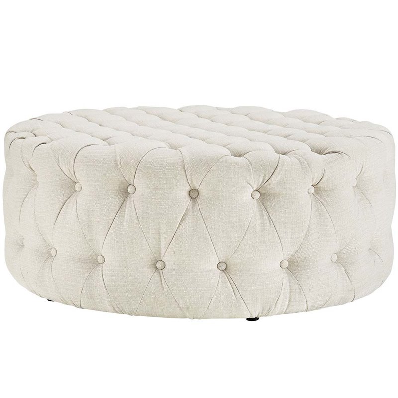 Modway Amour Modern Upholstered Fabric and Solid Wood Ottoman in Beige