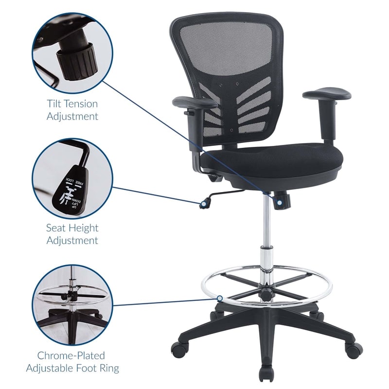 Modway Articulate Modern Mesh Fabric and Steel Drafting Chair in Black