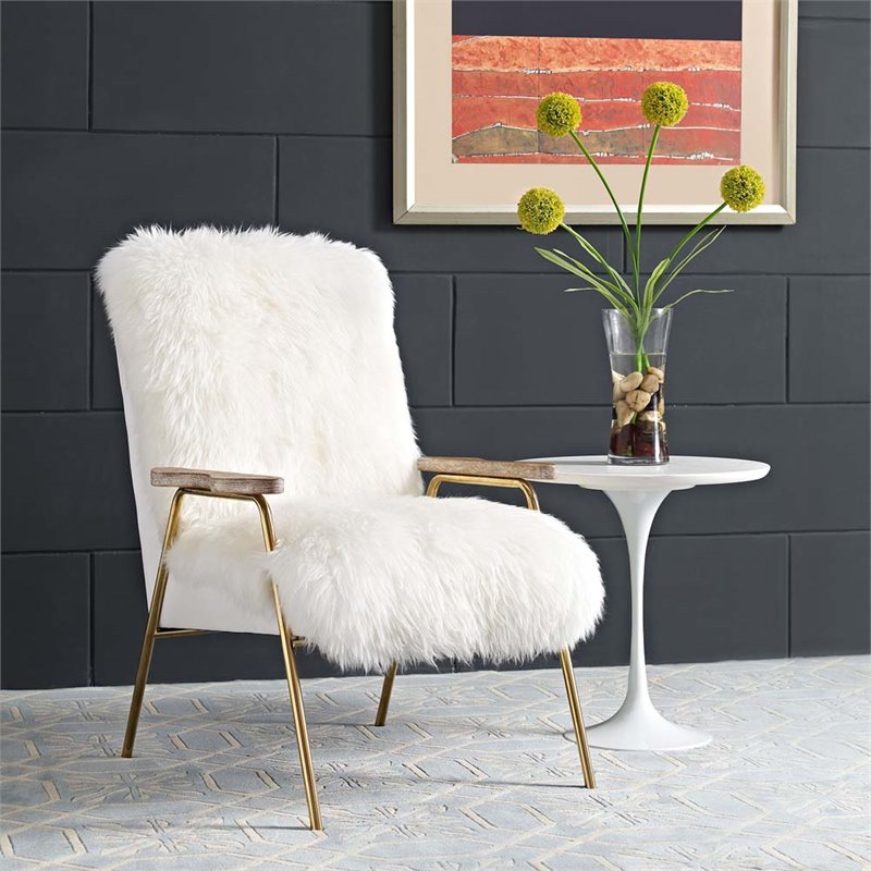 Modway Sprint Wool Vinyl and Solid Oak Wood Sheepskin Armchair in Brown/White