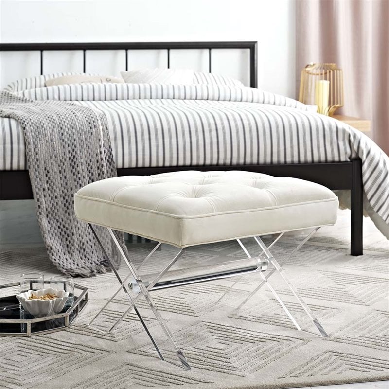 Modway Swift Solid Wood and Velvet Polyester Fabric Bench in Ivory