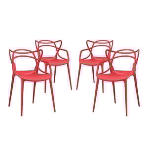 Modway Entangled 18&quot Modern Style PP Plastic Dining Chairs in Red (Set of 4)