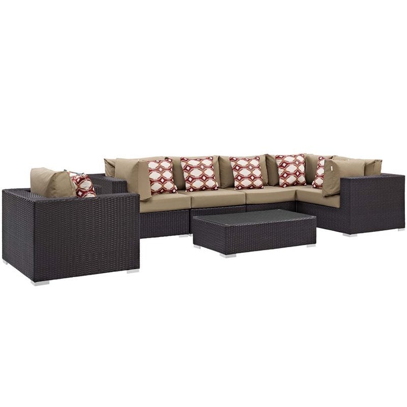 Modway Convene 7-Piece Rattan Aluminum Patio Sectional Set in Espresso/Mocha