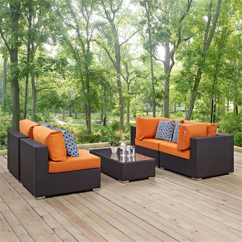 Modway Convene 5-Piece Rattan Aluminum Patio Sectional Set in Espresso/Orange