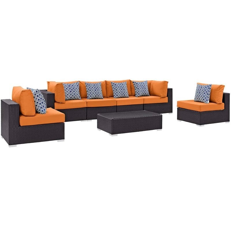Modway Convene 7-Piece Rattan Aluminum Patio Sectional Set in Espresso/Orange