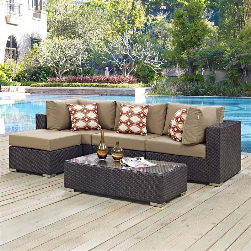 Modway Convene 5-Piece Rattan Aluminum Patio Sectional Set in Espresso/Mocha