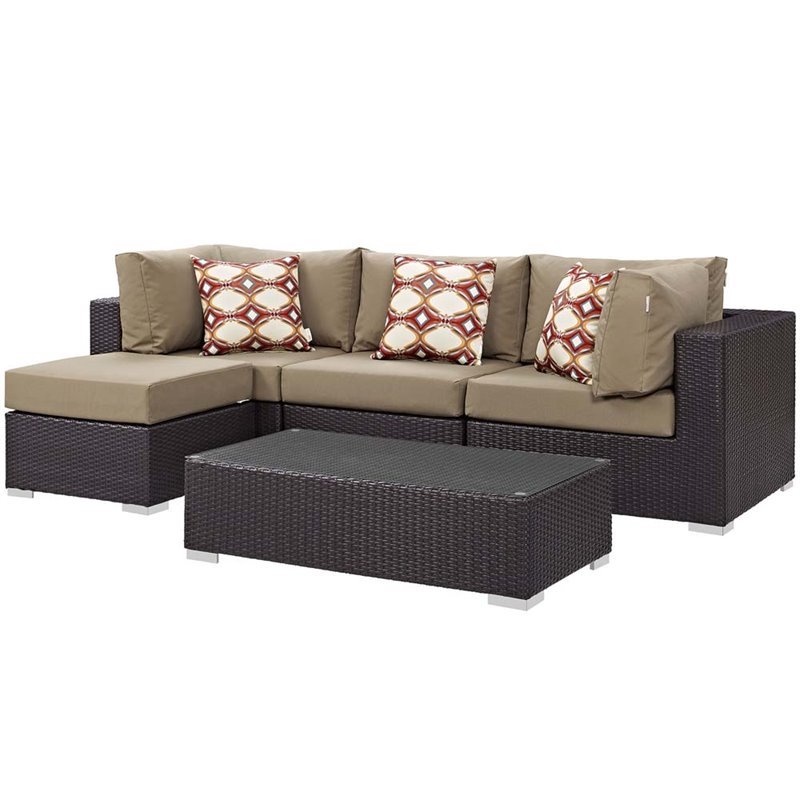 Modway Convene 5-Piece Rattan Aluminum Patio Sectional Set in Espresso/Mocha