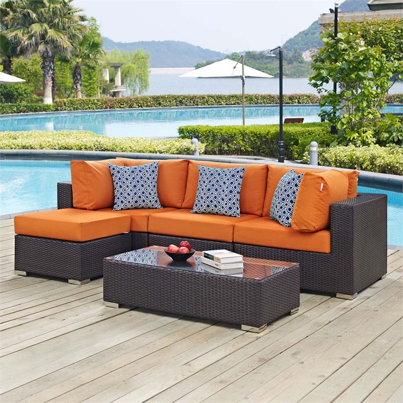 Modway Convene 5-Piece Rattan Aluminum Patio Sectional Set in Espresso/Orange