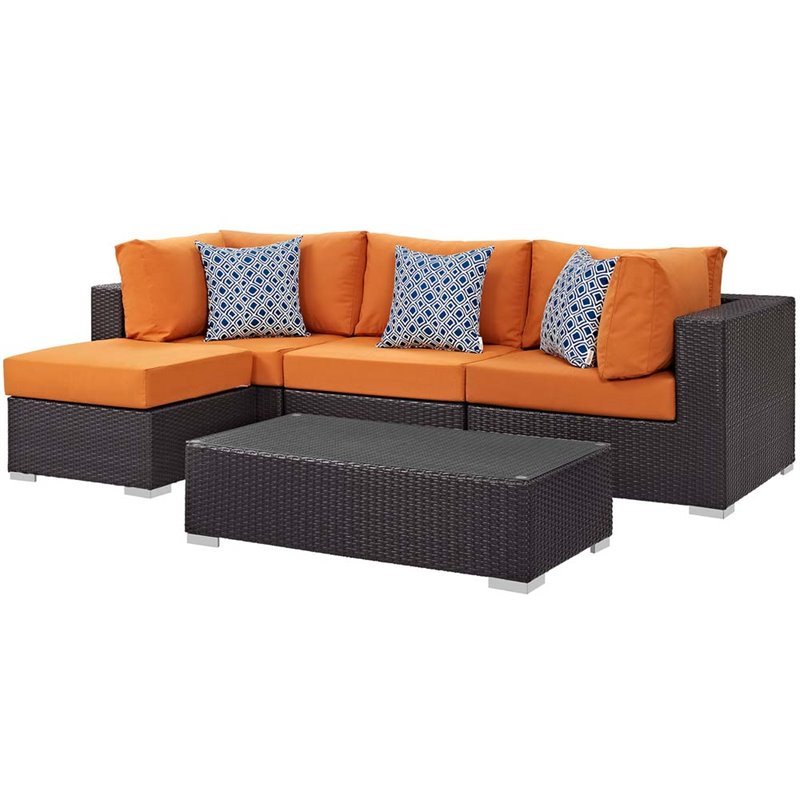 Modway Convene 5-Piece Rattan Aluminum Patio Sectional Set in Espresso/Orange