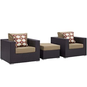 Modway Convene 3-Piece Rattan Aluminum Patio Sofa Set in Espresso/Mocha