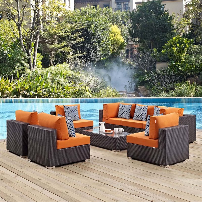 Modway Convene 8-Piece Rattan Aluminum Patio Sectional Set in Espresso/Orange