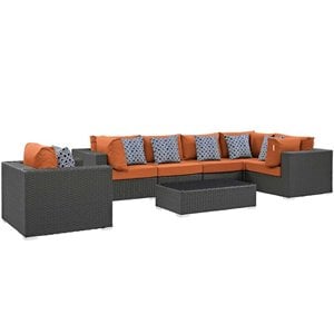 modway sojourn 7-piece rattan fabric patio sectional set in canvas gray/tuscan