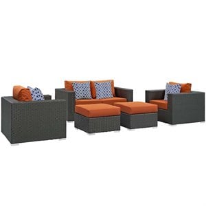 modway sojourn 5-piece rattan fabric patio sectional set in canvas gray/tuscan