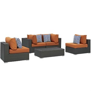 modway sojourn 5-piece rattan fabric patio sectional set in canvas/tuscan