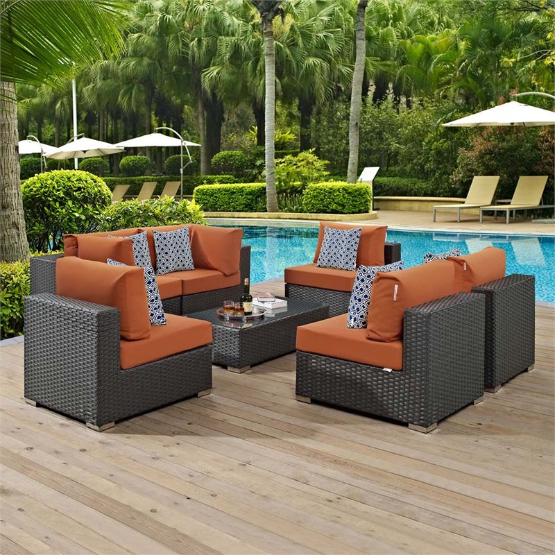 Modway Sojourn 7-Piece Rattan Fabric Patio Sectional Set in Canvas/Tuscan