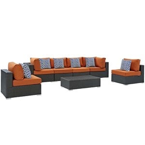 modway sojourn 7-piece rattan fabric patio sectional set in canvas/tuscan