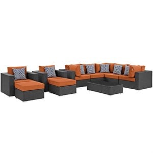 modway sojourn 10-piece rattan fabric patio sectional set in canvas/tuscan