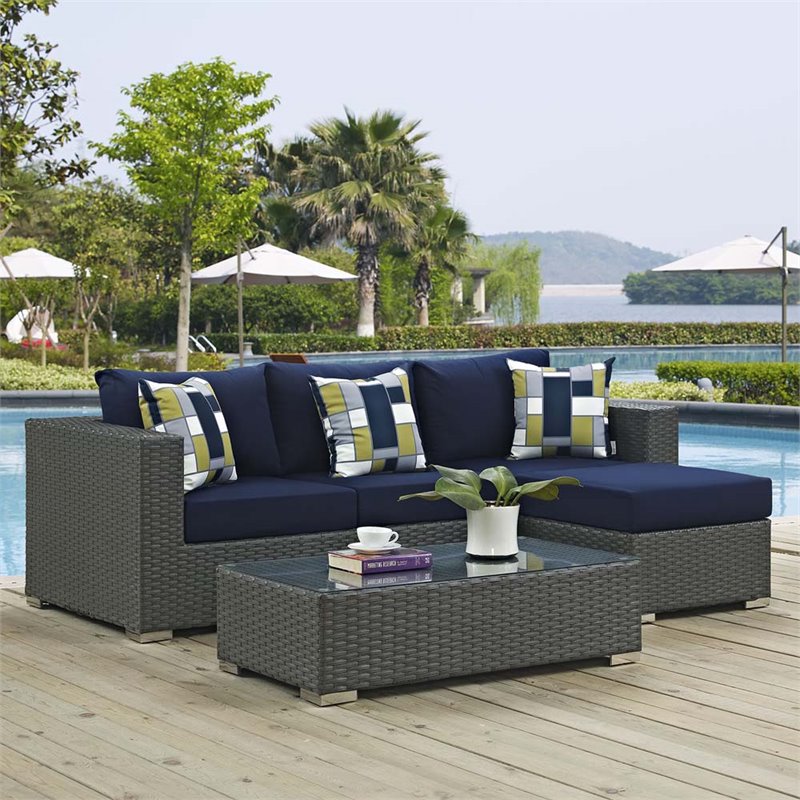 Modway Sojourn 3-Piece Rattan Fabric Patio Sectional Set in Canvas/Navy