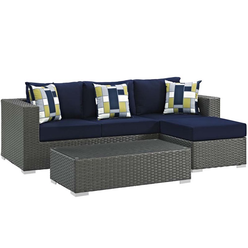 Modway Sojourn 3-Piece Rattan Fabric Patio Sectional Set in Canvas/Navy