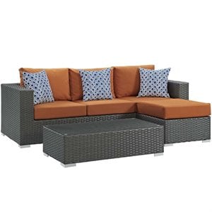 modway sojourn 3-piece rattan fabric patio sectional set in canvas/tuscan