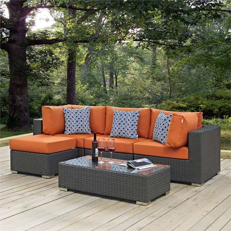 Modway Sojourn 5-Piece Rattan Fabric Patio Sectional Set in Canvas/Tuscan