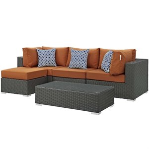 modway sojourn 5-piece rattan fabric patio sectional set in canvas/tuscan