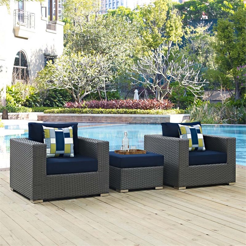 Modway Sojourn 3-Piece Rattan Fabric Patio Sectional Set in Canvas Gray/Navy