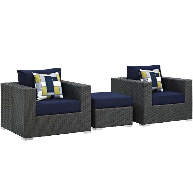 Modway Sojourn 3-Piece Rattan Fabric Patio Sectional Set in Canvas Gray/Navy