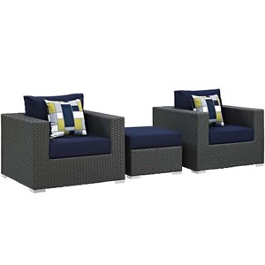 modway sojourn 3-piece rattan fabric patio sectional set in canvas gray/navy