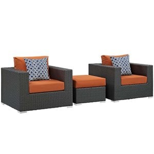 modway sojourn 3-piece rattan fabric patio sectional set in canvas gray/tuscan