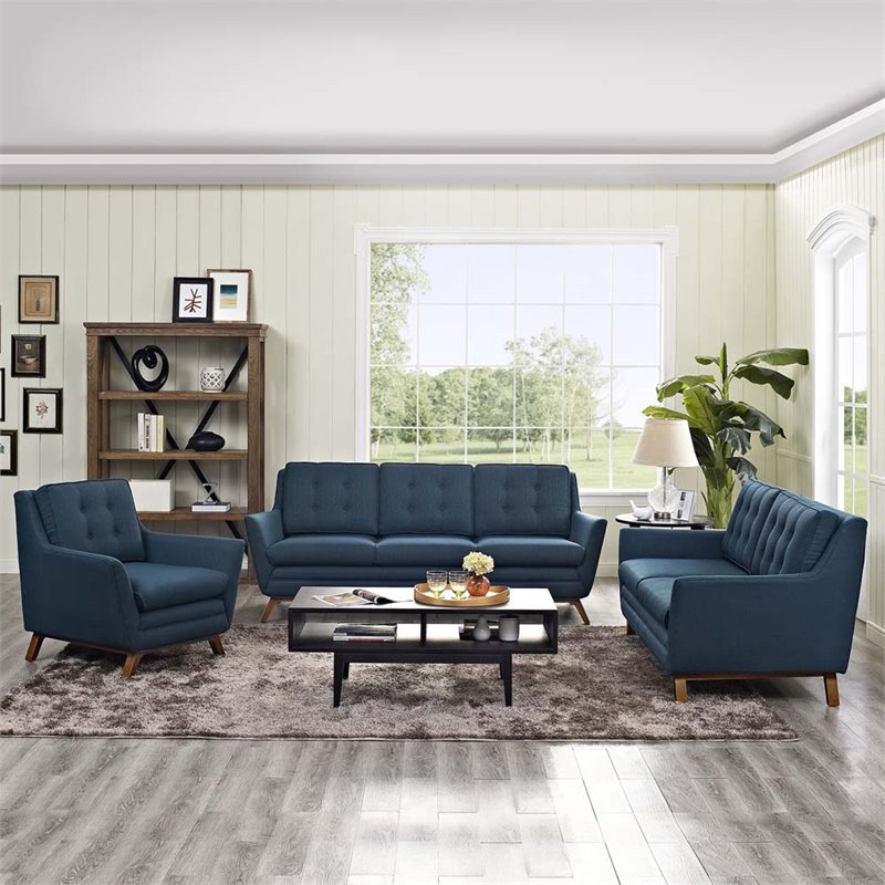 Modway Beguile Upholstered Fabric and Wood Living Room Set in Azure (Set of 3)