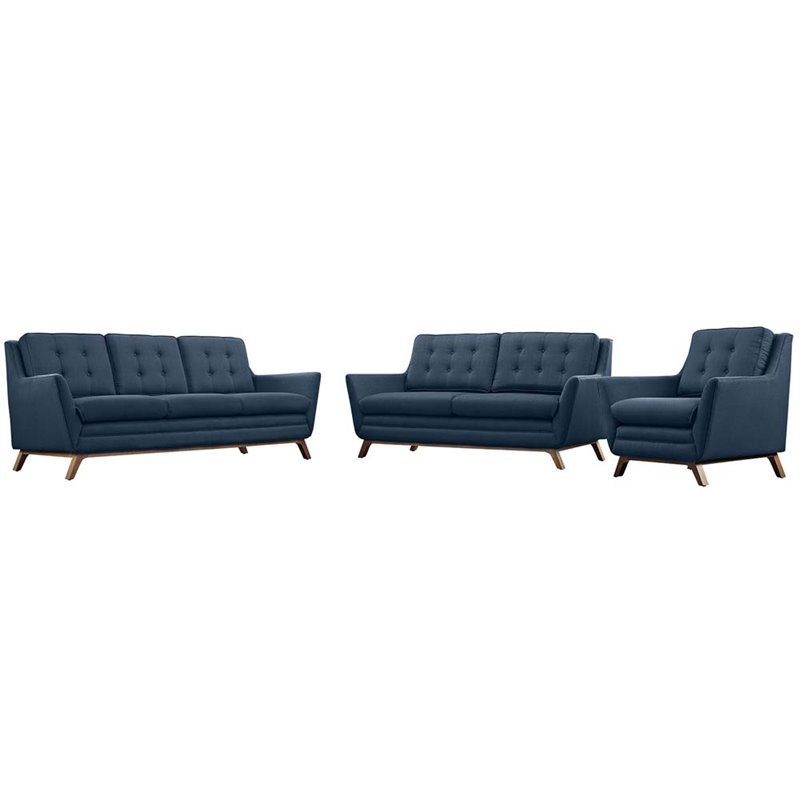 Modway Beguile Upholstered Fabric and Wood Living Room Set in Azure (Set of 3)